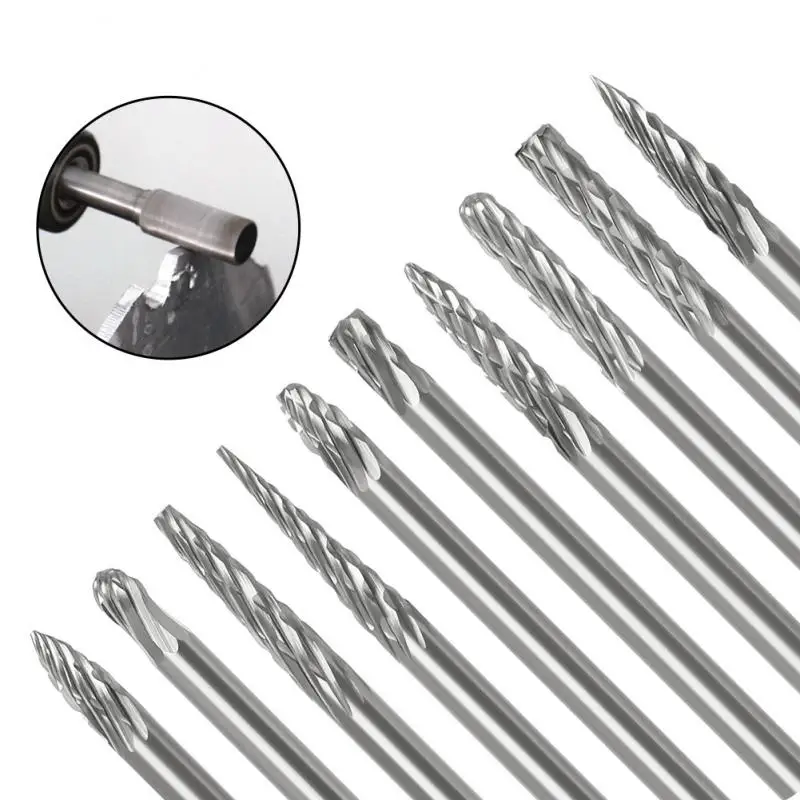 

10pcs 3×3mm Tungsten Carbide Burrs Carving Bit Double Cutter for Rotary Burring Set File Grinder Cutter Bits ACDFG/ADEFG/ADFGL