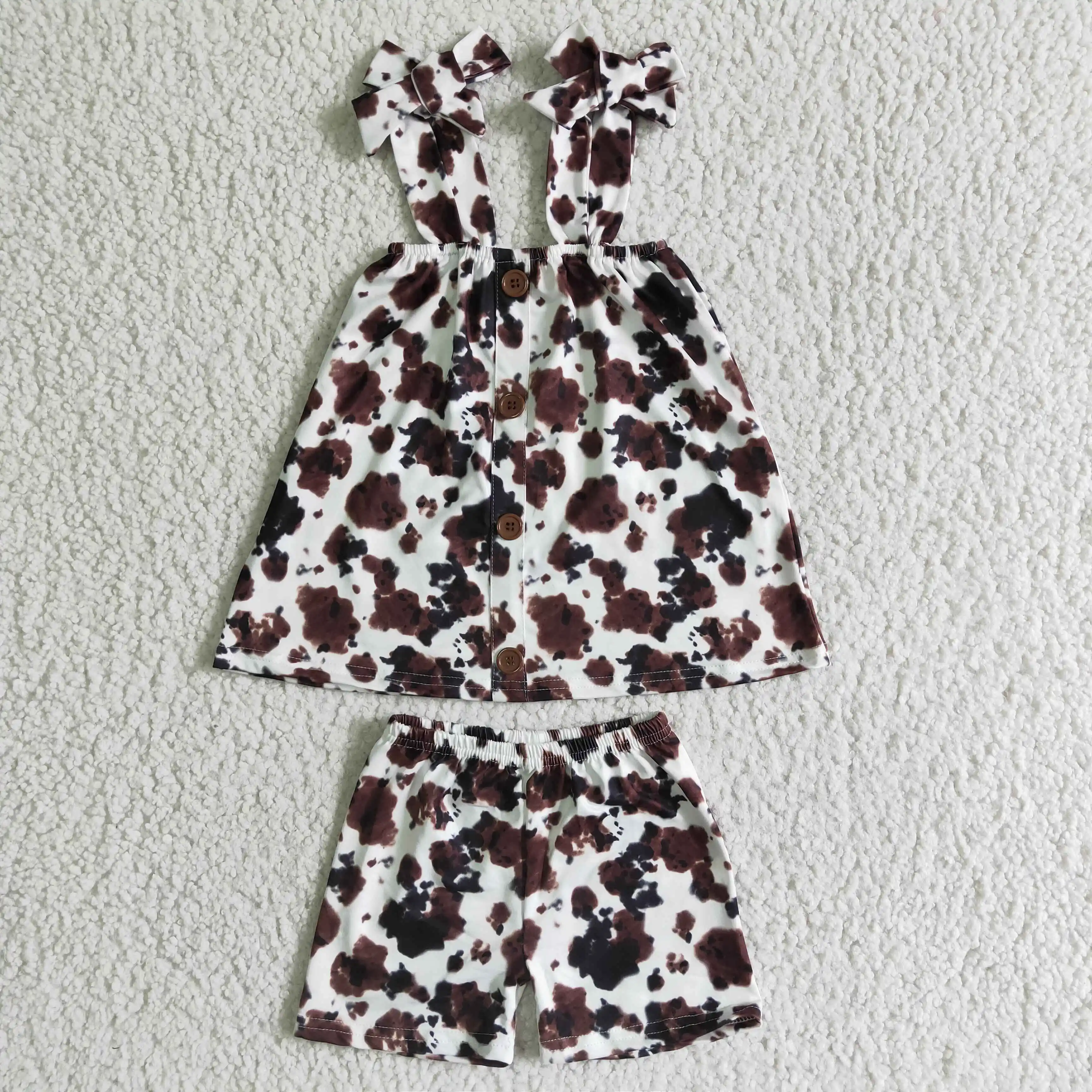 

Boutique children summer clothes set cow print brown Tie-up top with buttons cute shorts kids girls clothing sets