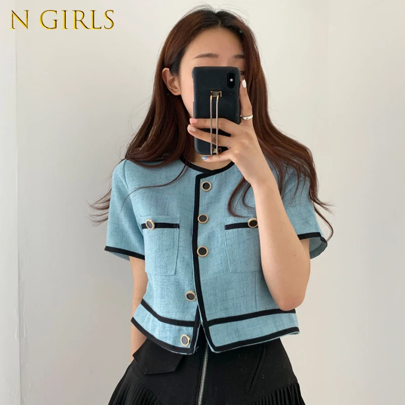 

N GIRLS Chic Korean Summer Thin Contrast O Neck Short Sleeve Jackets Women Crop Tops Single-breasted Straight Coat Fashion