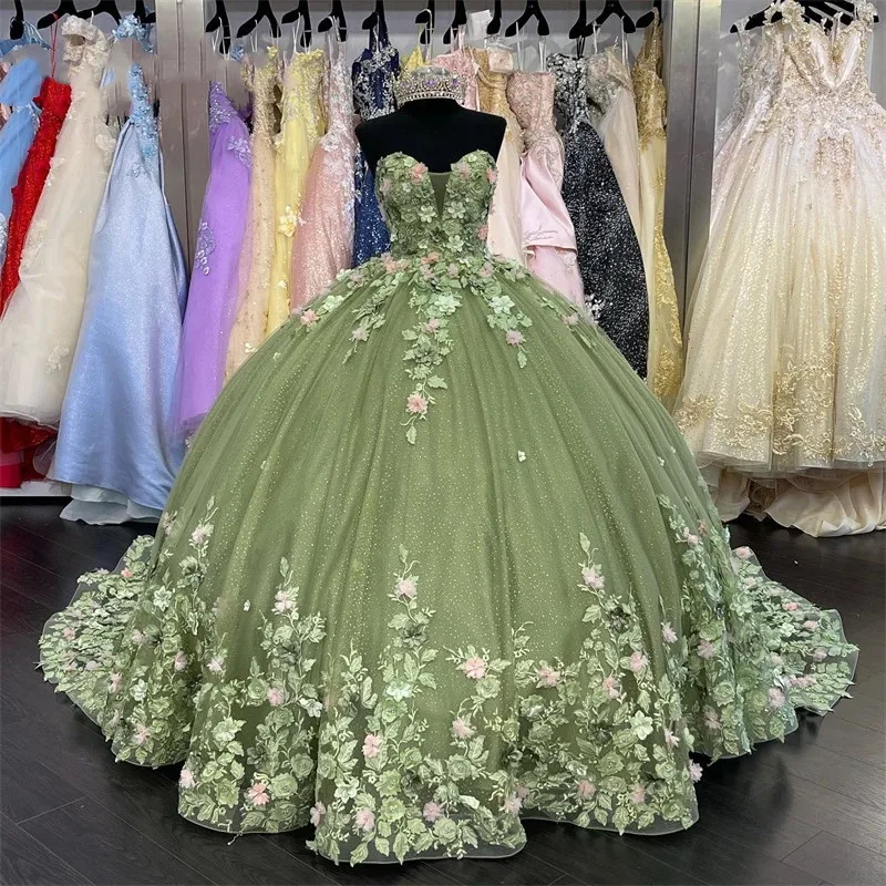 

Fantasy Sage Green Charro Quinceanera Dresses 2023 Luxury Sequin 3D Floral Pageant Prom Dress Elegant Sweet 15 Dress Birthday Xv