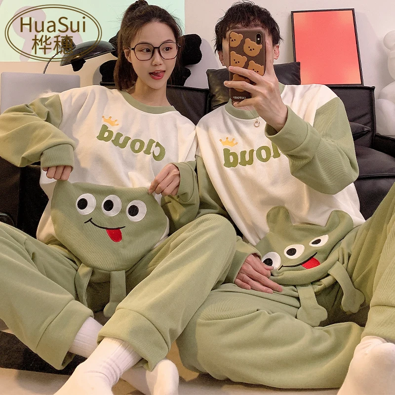 Japan fashion Ins Couple Pajamas Sponge Baby Spring and Autumn Women's Cartoon Long sleeve Trousers Cotton Home Wear Men