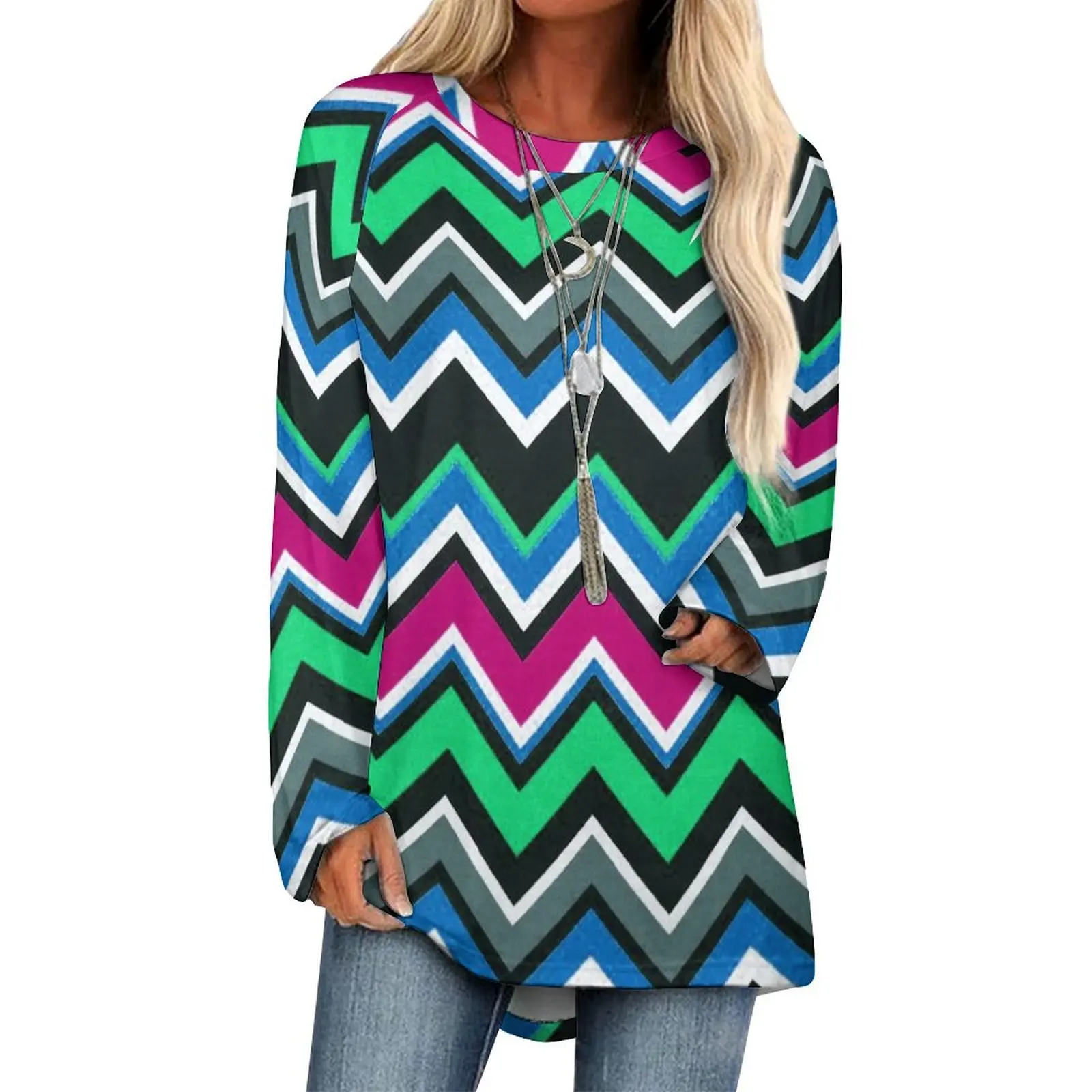 

Women's Fashion Loose Classic Lines Rainbow Painting Long Sleeve Round Neck Autumn Couples T-shirt Design T-Shirt Blusas