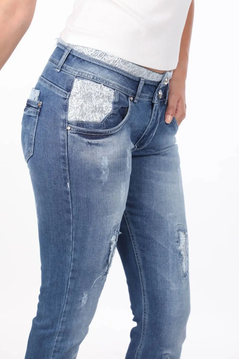 

Blue White Womens Lace Detailed Jean Trousers