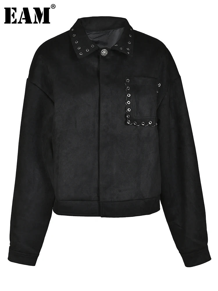 

[EAM] Black Rivet Big Size Pockets Short Suede Jacket New Lapel Long Sleeve Women Coat Fashion Tide Spring Autumn 2023 1DH1519