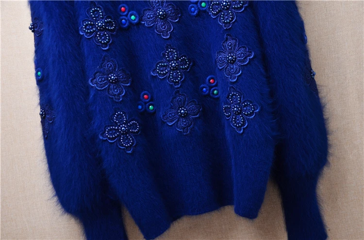 Женский осенне-зимний винтажный свободный свитер с вышивкой бисером из