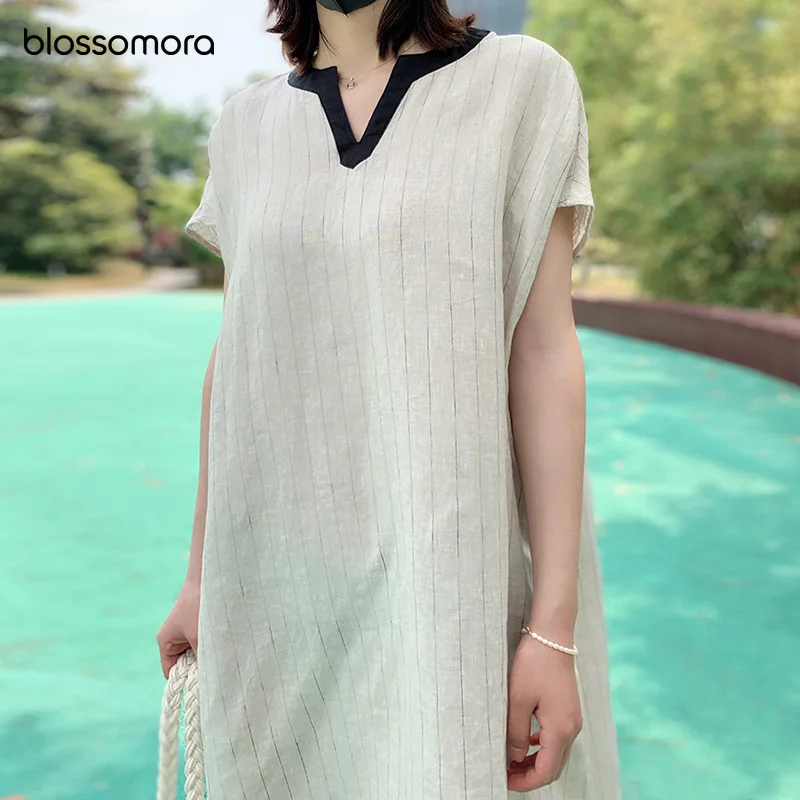 

Blossomora Linen French Elegant Solid Loose Midi Dress Causal V-neck Raglan Sleeve Yarn-dyed Dresses Summer Vestido Women 2022