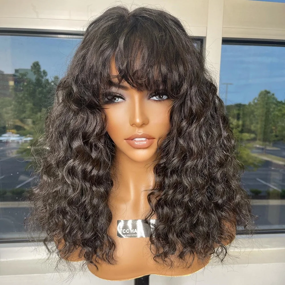 

Water Wave Human Hair Wigs With Bangs 180% Density Machine Made Brazilian Unprocessed Virgin Human Hair Glueless Wigs For Women