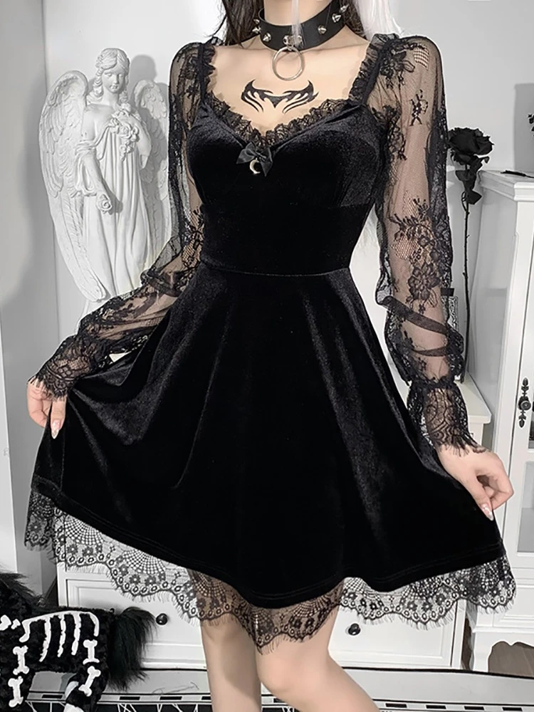 

2022 Dark Velour Gothic Vintage Dresses Y2K Women Lace Patchwork Long Sleeve Elegant A-line Spring Party Grunge Black Even Dress