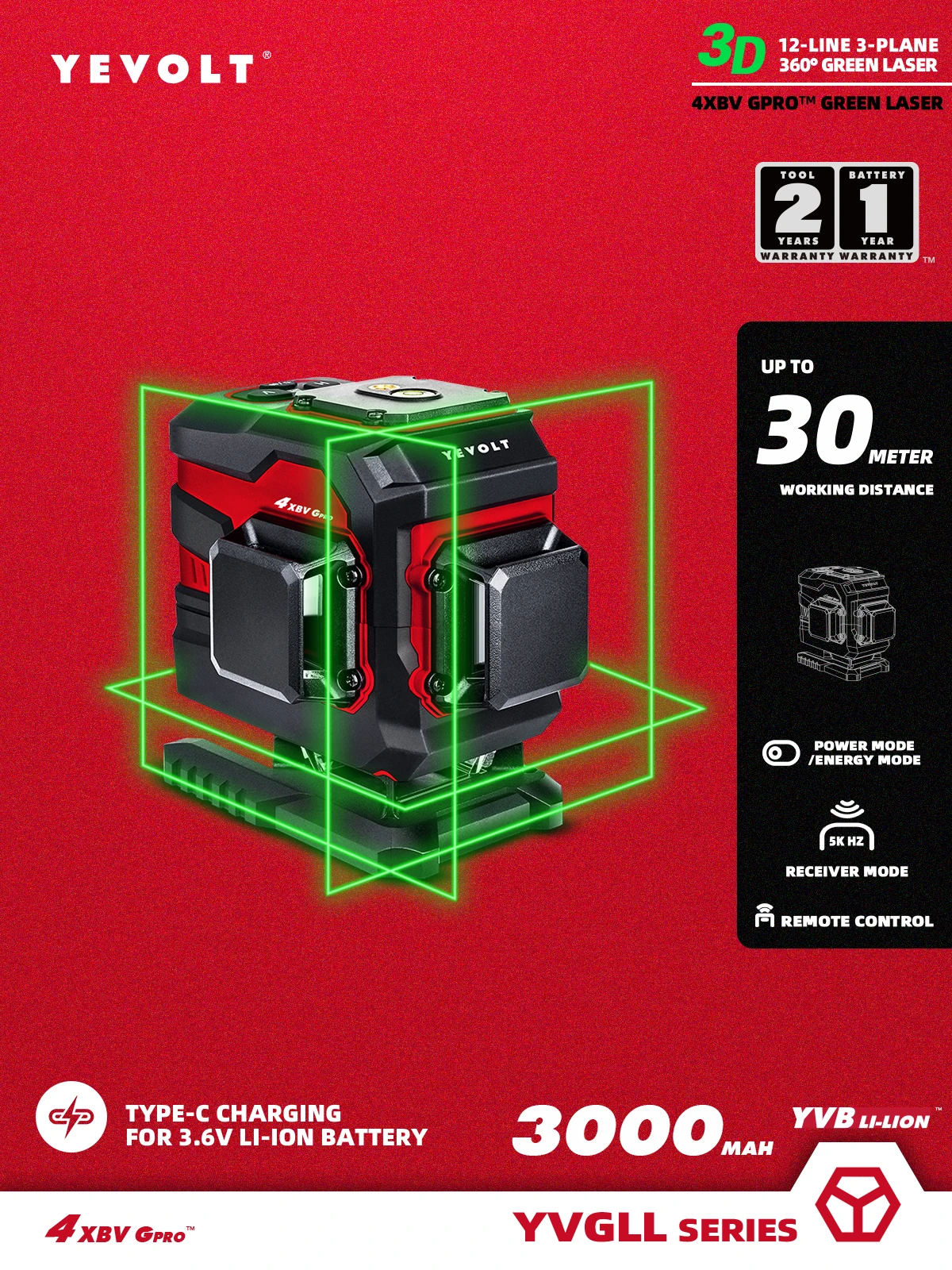 YEVOLT YVGLL4XS12T 12-линейный лазерный уровень с зеленым заземлением 3D