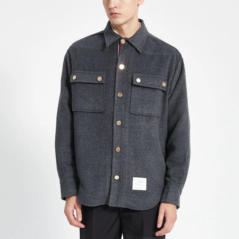 

THOM TB Korean Jackets Autunm Winter Luxury Brand Men's Jacket Loose Wollen Gold Buckle Coats Collar Suit Men Shirt jacket