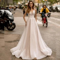 boho v neck sleeveless wedding dress 2022 a line elegant bridal dress lace appliques basque backless for women vestido de novia