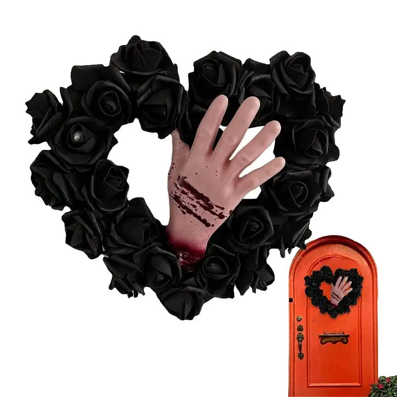 

Halloween Wreath With Black Artificial Roses 13.8-Inch Handmade Blood Hand Wreath Outdoor Halloween Props Gothic Decoration