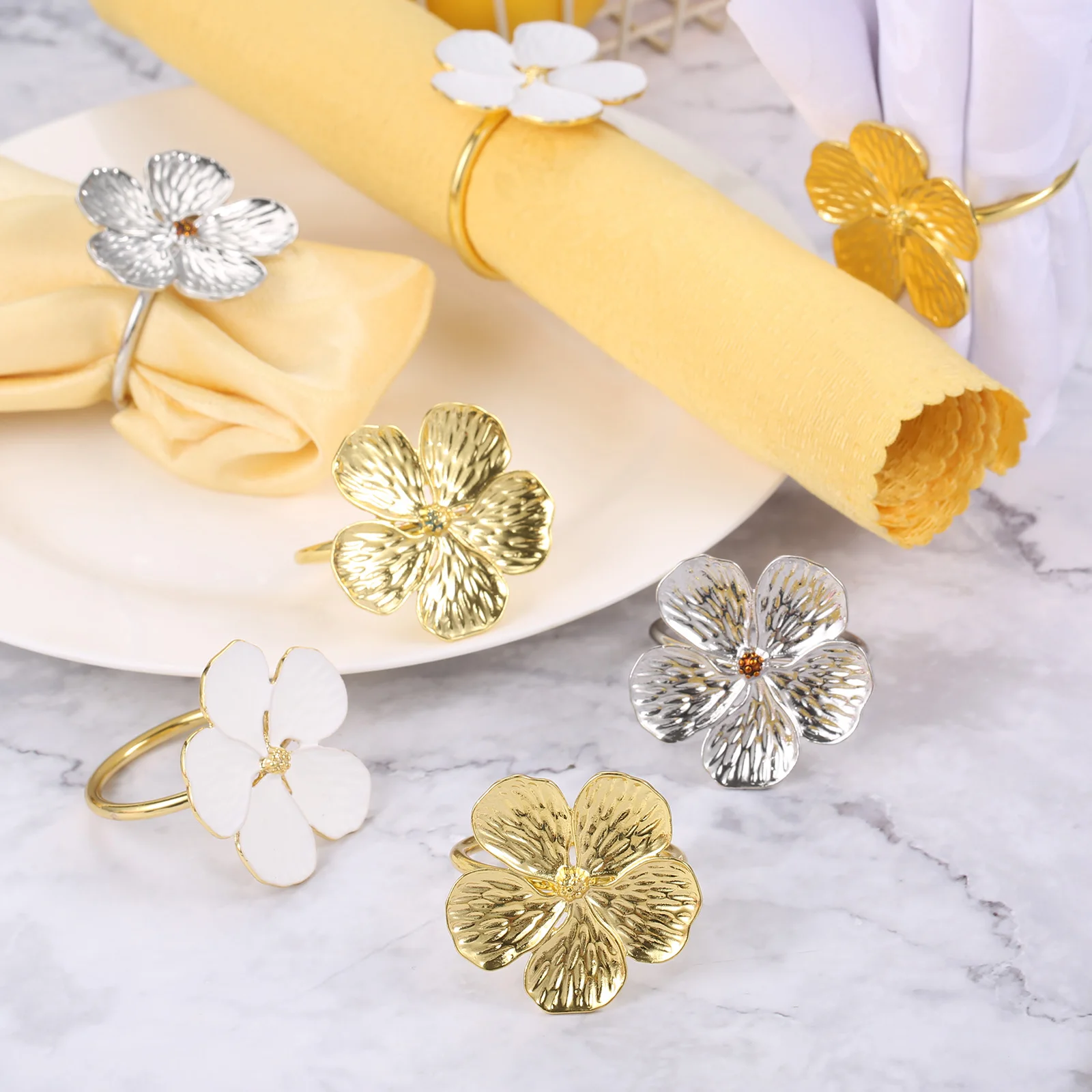 

6pcs Flower shape Napkin Ring Holder Gold Silver Oil White 5-petals Plum Napkins Buckle Table Decor Wedding Dinner Party Banquet