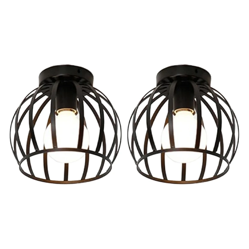 

2X Industrial Ceiling Light Retro Metal Cage Iron Black, Pendant Light Fixture For Living Room Bedroom Restore Room