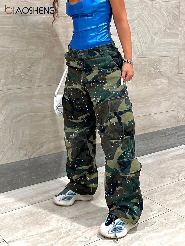 

Women Casual Combat Cargo Pants Cotton Outdoor Camouflage Military Multi Pockets Work Pants Straight Baggy Ripstop Camo Trousers