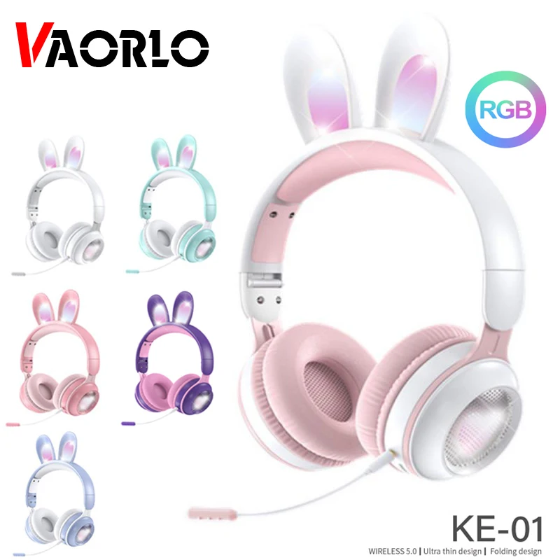 Rabbit Ear Wireless Headphones Bluetooth 5.0 Earphone Girls Kids Stereo Music Headset With Mic RGB Lights Gamers Birthday Gifts