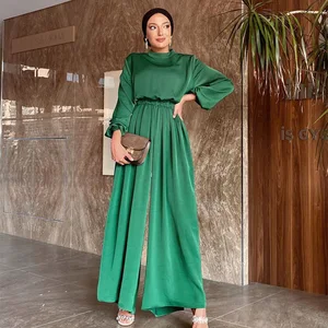 Abaya Dubai Wide Leg Pants Fashion Solid Jumpsuit Arabia Islamic Turkish Women Eid Muslim Long Sleeve Jumpsuit Elegant Rompers