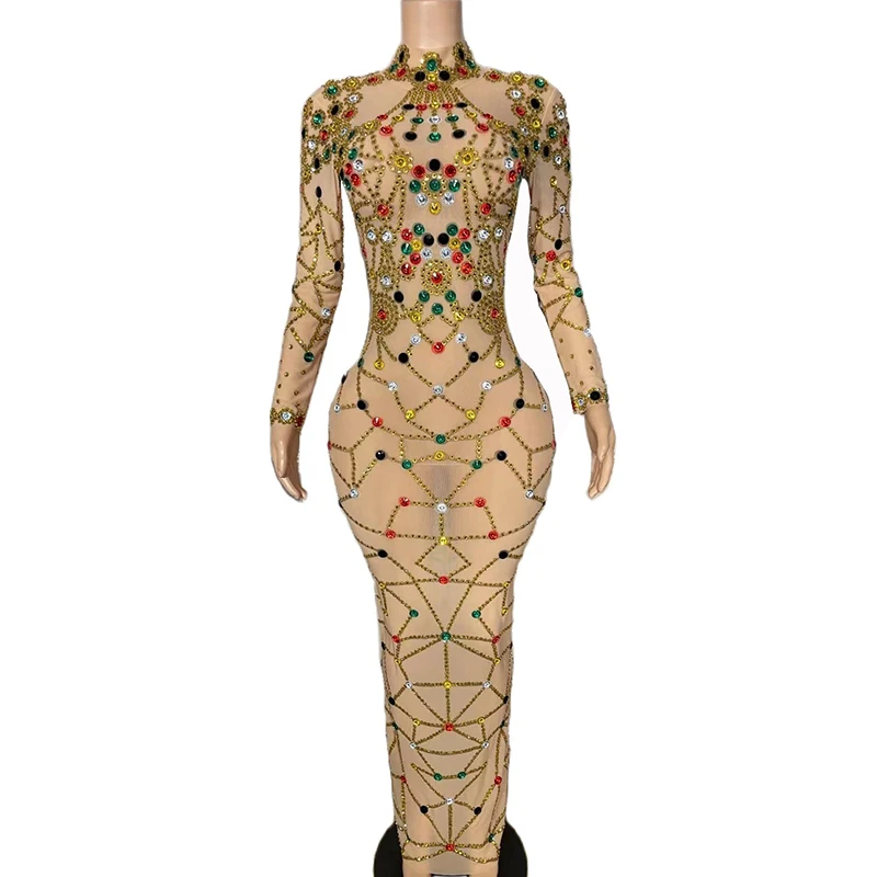 

Women Sexy Multi color Crystals Transparent Dress Performance Stretch Stage Costume Outfit Evening Club Prom Party Collection