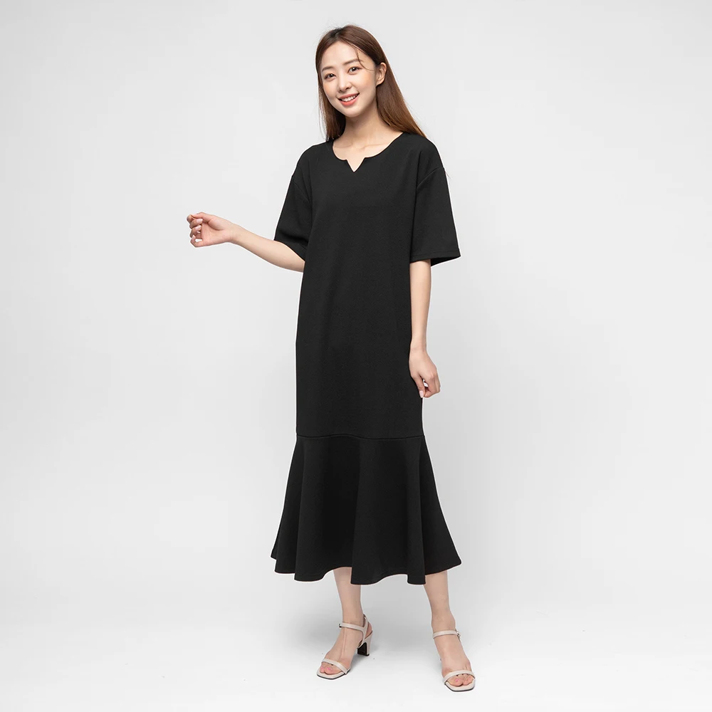 

반팔 플레어 롱 원피스