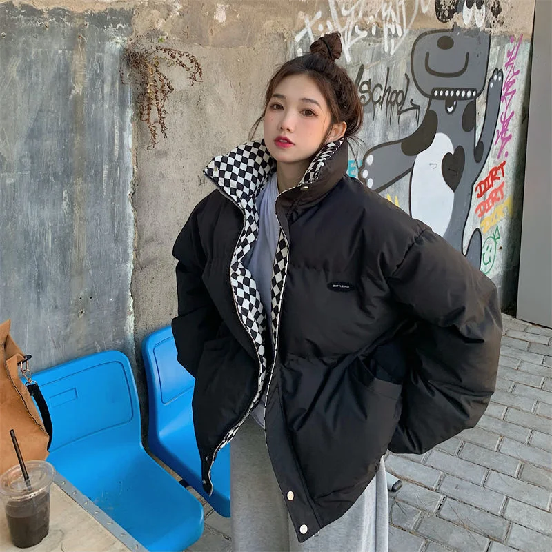 

Black and White Plaid Bread Padded Jacket Women's Winter 2022 New Thickening Loose Design Sense of Cotton Padded Jacket Tide
