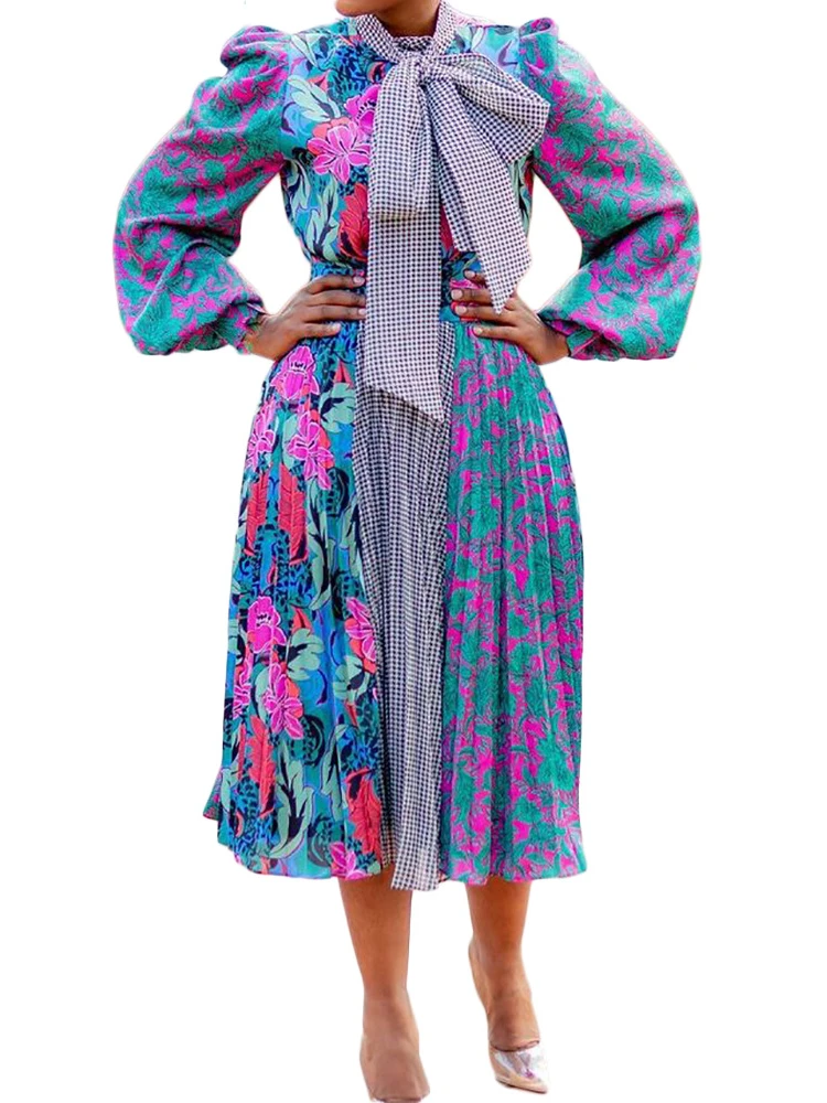 Платье женское ТРАПЕЦИЕВИДНОЕ с цветочным принтом воротником-бантом и длинными