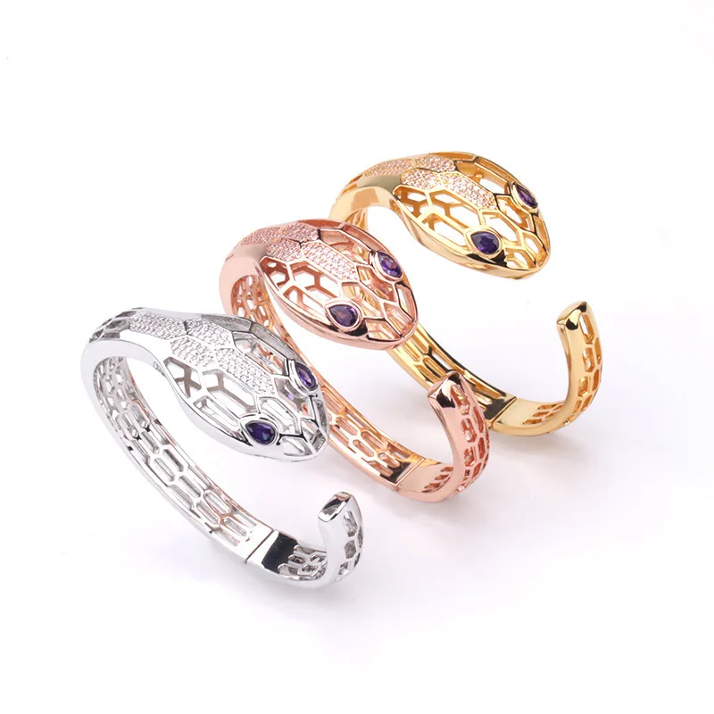 

Europe America Luxurious Style Women Lady Plated Gold Color Hollow Out Setting Cubic Zircon Snake Snakelike Open Bangle Bracelet