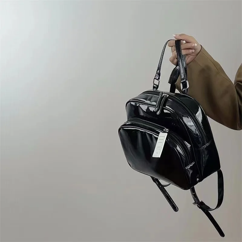 Niche Design Women's Small Backpack Patent Leather Girls Student Shoulder Bag Cute Solid Black Color Female Travel Tote Handbags