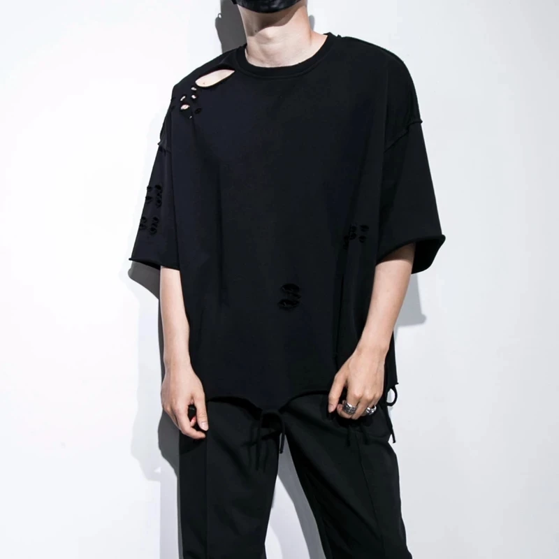 

Men's Irregular Hem Casual T-Shirt Dark Fashion Trend Off Shoulder Sleeve Tassel Hole Loose Five Point Sleeve T-Shirt