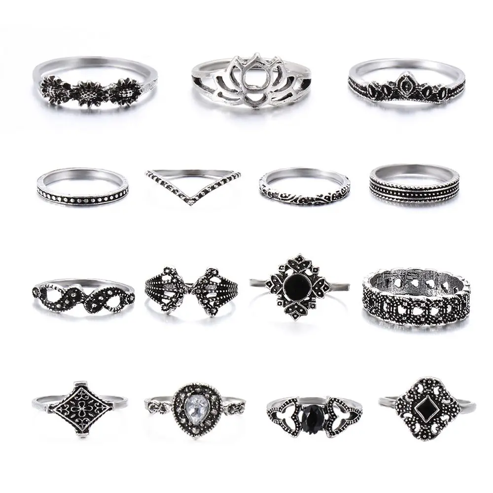 

15PCS/SET Fashion Boho Vintage Silver Star Hand Accessories Rings Set Midi Finger Jewelry Moon