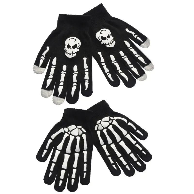 

Warm Knitting Full Finger Gloves for Adult Kids Human Skeleton Head Gripper Print Cycling Non-Slip Touch Screen Mittens