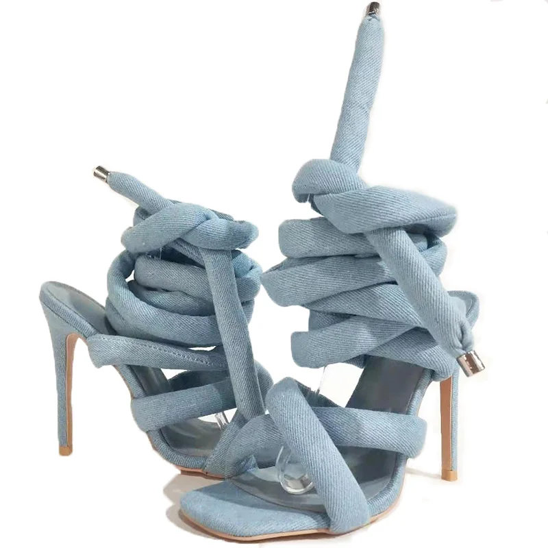 

Luxury Designer New Blue Denim Ankle Strap Sandals for Women Summer Cross Strap Sandals Lady High Heels Party Dress Proms Mujer
