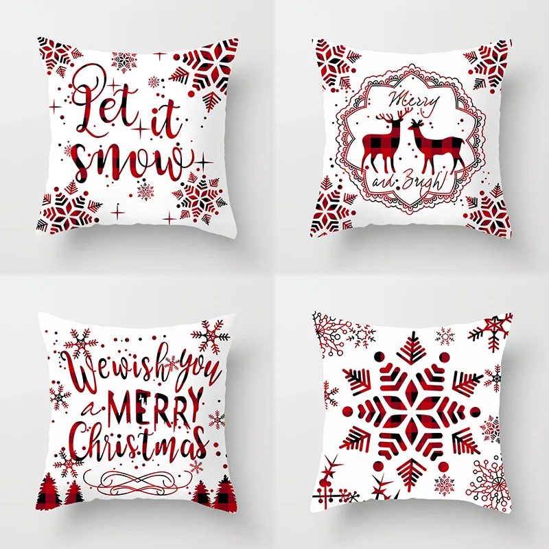 

Christmas Decor Throw Pillow Case Red Flake Snow Deer Cushion Covers for Home Sofa Chair Decorative Pillowcases