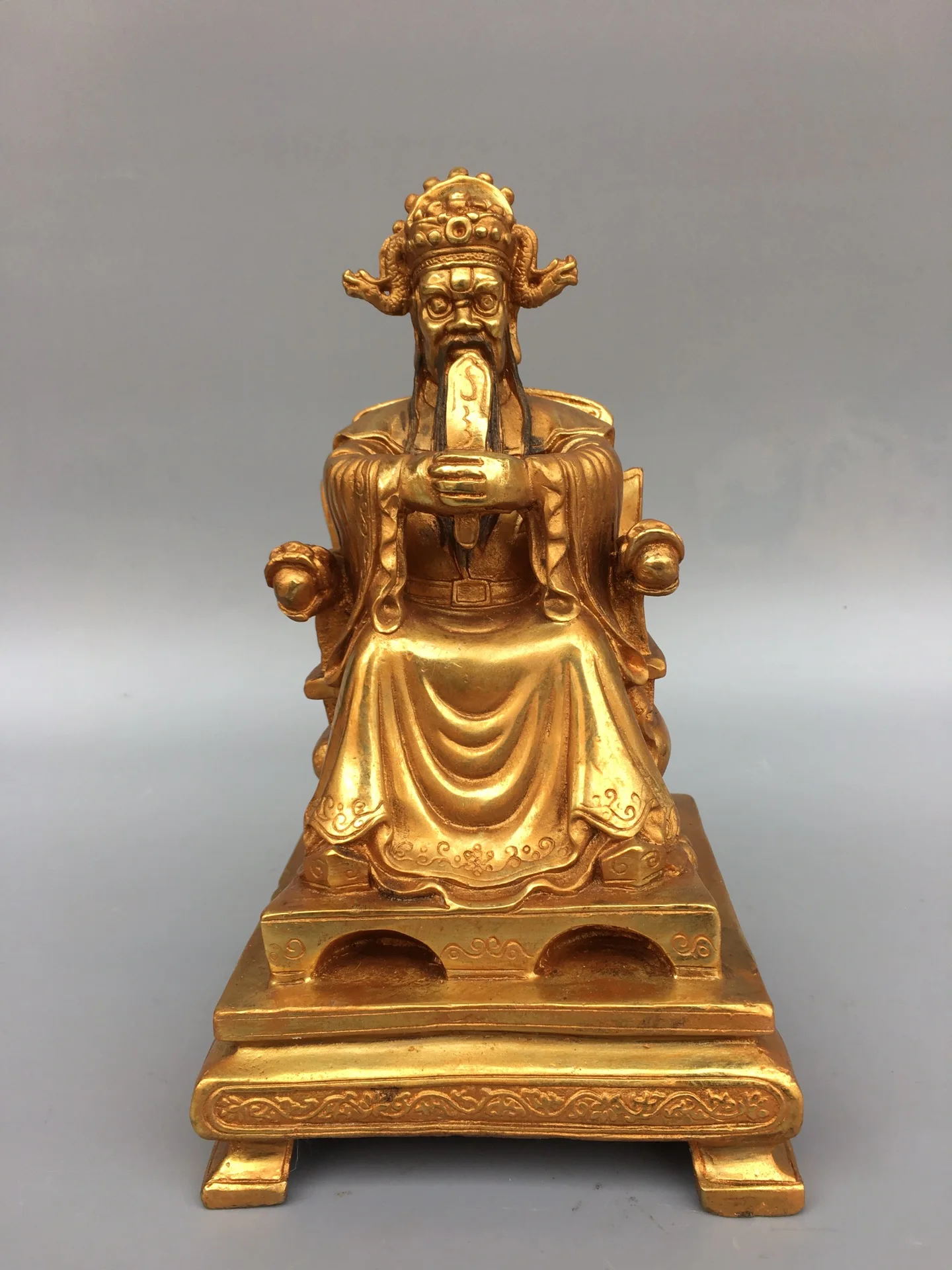 Коллекция тибетских храмов 9 дюймов Старый бронзовый позолоченный Дракон король