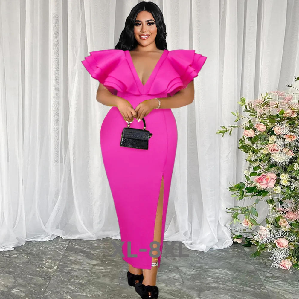 

Plus Size Women Party Dresses v Neck Ruffle Elegant Dresses Female Fashion Evening Gowns Summer Casual 3xl 4xl 5xl 6xl