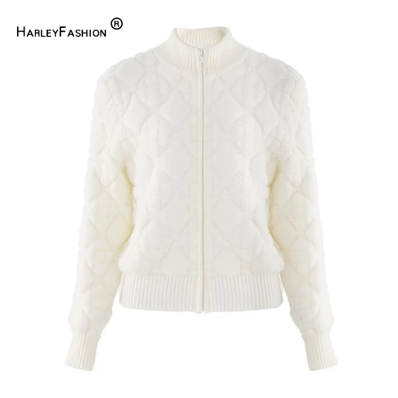 Delicacy Solid Plaid Pattern Women Coat Turtle Neck Long Sleeve Lady Casual Zipper Knit Sweater Cardigan White