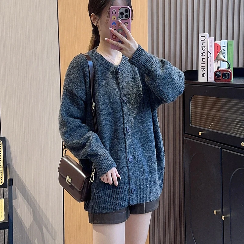 

Hsa модный свитер, однотонный кардиган, пальто для студенток, 2023, осень/зима, Корейская версия, новая теплая вязаная одежда с длинными рукавами