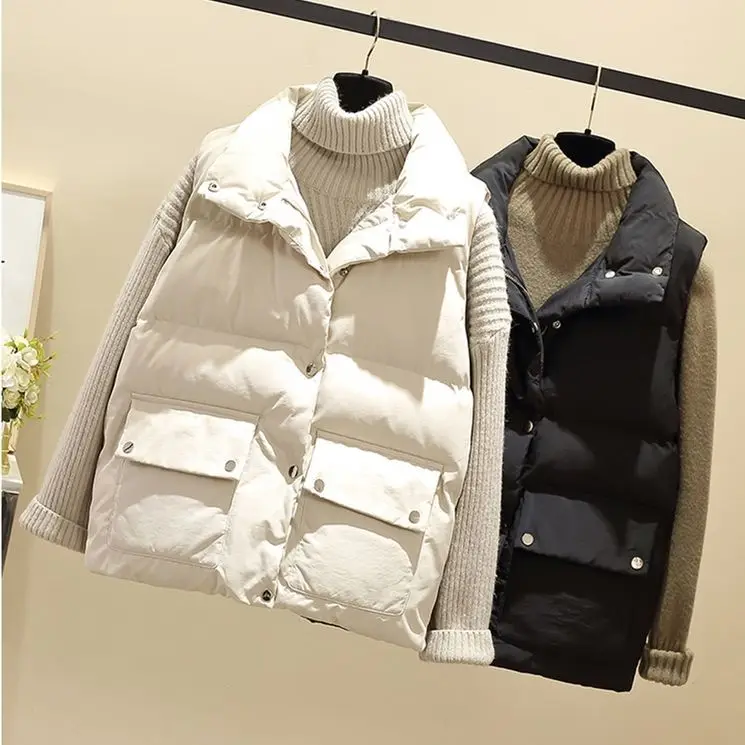 

2022 Autumn Winter Women Fashion Solid Loose Vest Turn Down Collar Short Vest Jacket Cotton Padded Women Warm Waistcoat D126