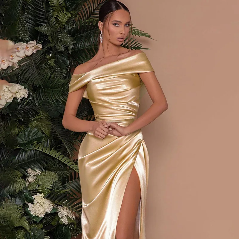

Women Sexy One-shoulder High Slit Long Temperament Dress Ladies Asymmetricaly Dresses Banquet Party Slack Neck Maxiskit Summer