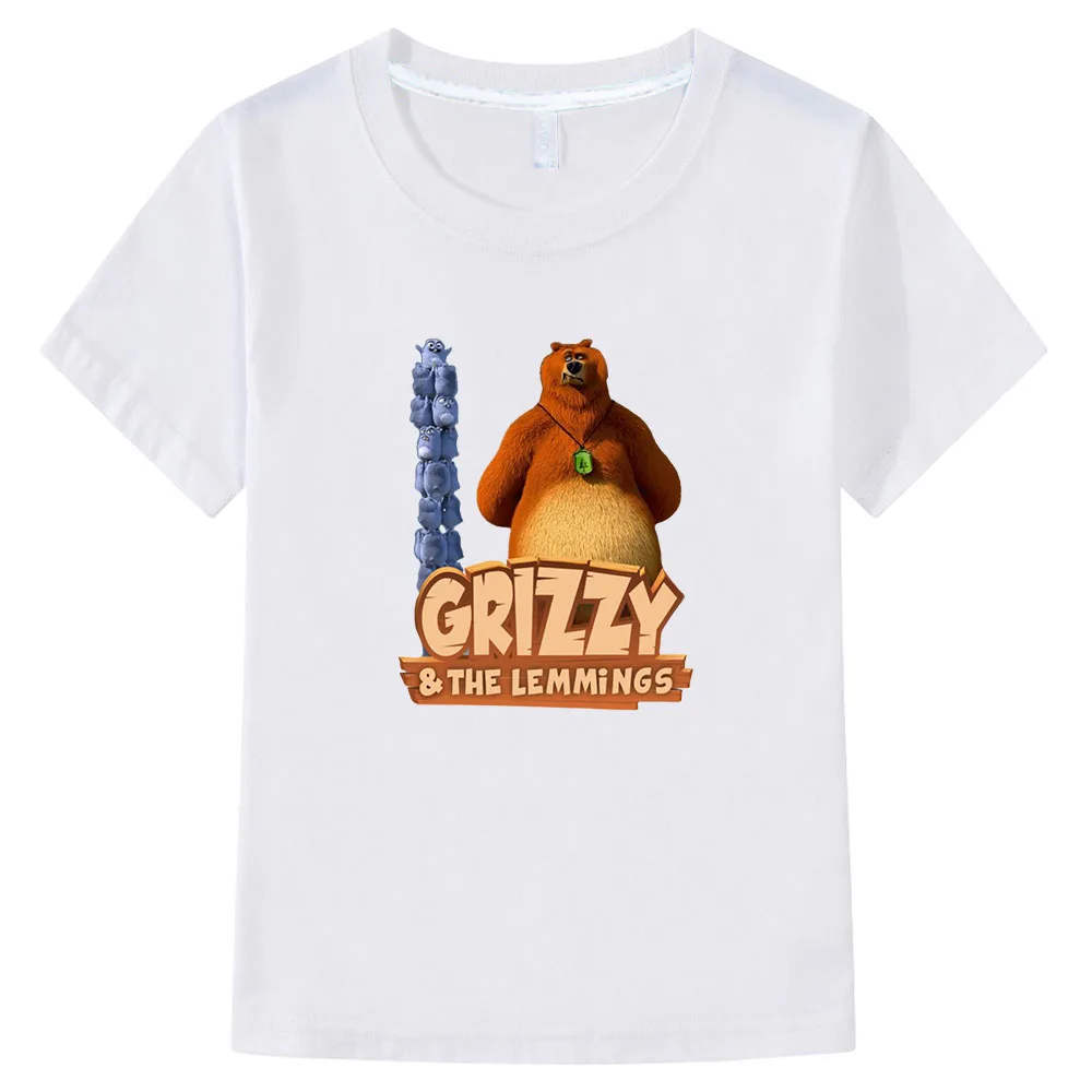 

100% Cotton Sunlight Grizzy Bear Cute Lemmings Cartoon Print Funny Kids T Shirt Summer Children Clothes Baby Boys Girls T-Shirts