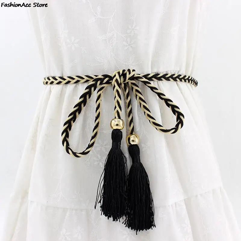 

Ladies Fringed Thin Waist Chain Skirt Decor Waist Strap Rope Knotted Mixed Color Braided Female Waist Belt