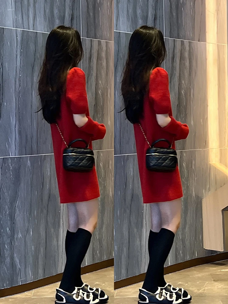 Осень-зима 2023 новогодний халат Красное вязаное платье Рождественская Женская