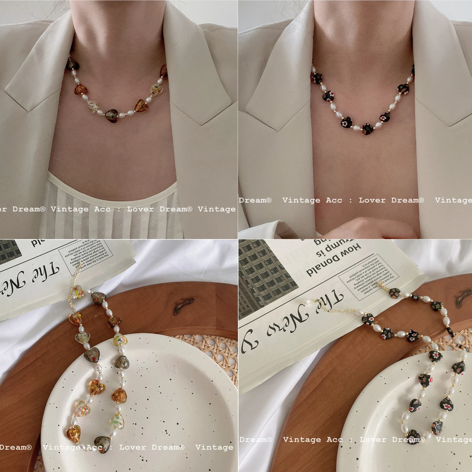 

New Arrivals Fashion Trendy Korean Retro Stone Pearl Necklaces for Women Jewelry Set Wholesale Color Heart Love Pendant Choker