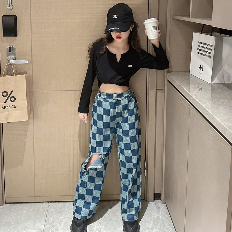 

Рваные джинсы для девочек-подростков; Джинсовые штаны в клетку с широкими штанинами; Одежда для девочек 10, 12, 13, 14 лет