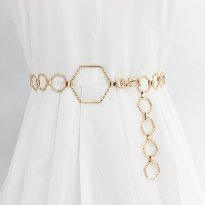 

Hexagon Metal Belt For Women Retro Gold Silver Hollow Out Chain Long Belts Fashion Dress Decorative Lady Waistband