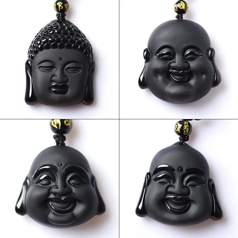 Natural Black Obsidian Shakyamuni Buddha Pendant Beads Necklace Charm Jewellery Fashion Accessories Hand-Carved Amulet Gifts