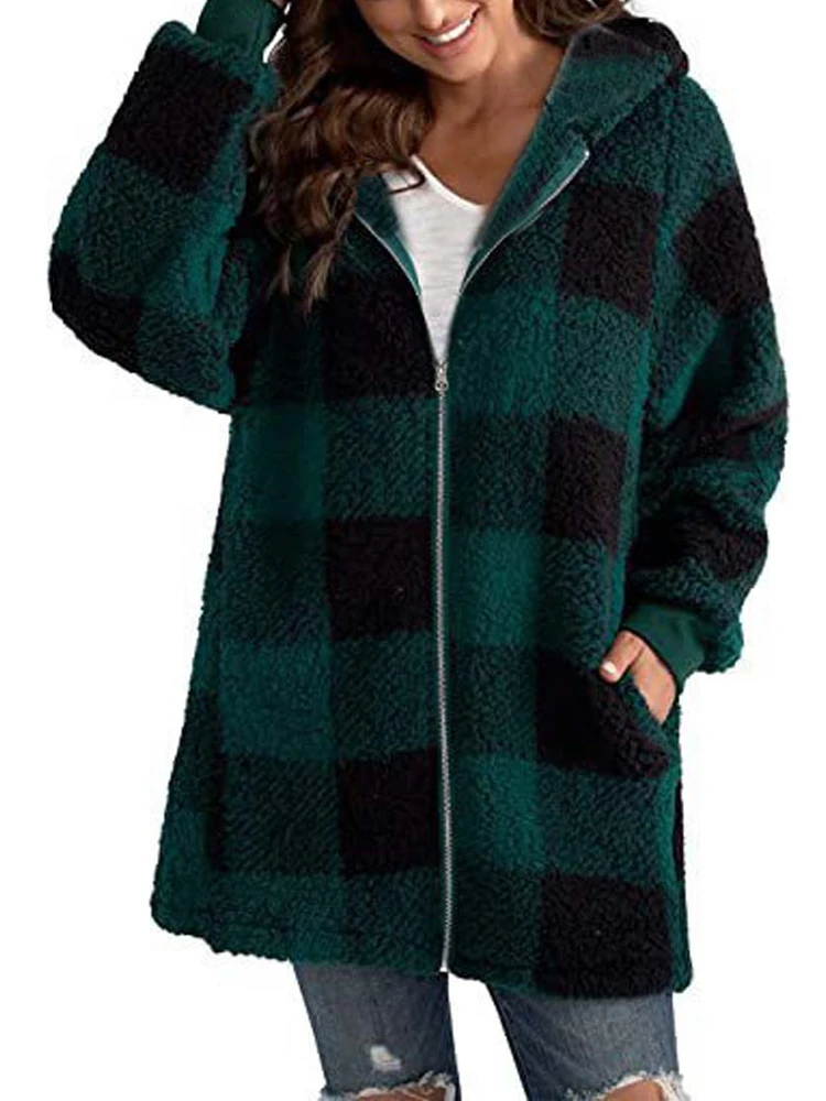 2022 Autumn Winter Plaid Faux Fur Coat Women Teddy Coat Hooded Jackets Female Furry Teddy Bear Plush Jacket Women