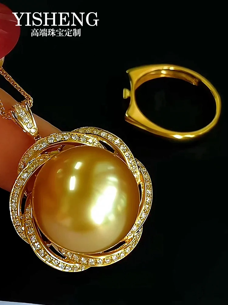 

Philippine Nanyang Gold Pearl Pendant Ring with Two 18K Gold Diamonds Inlaid with Natural Seawater Pearl Ring, Round