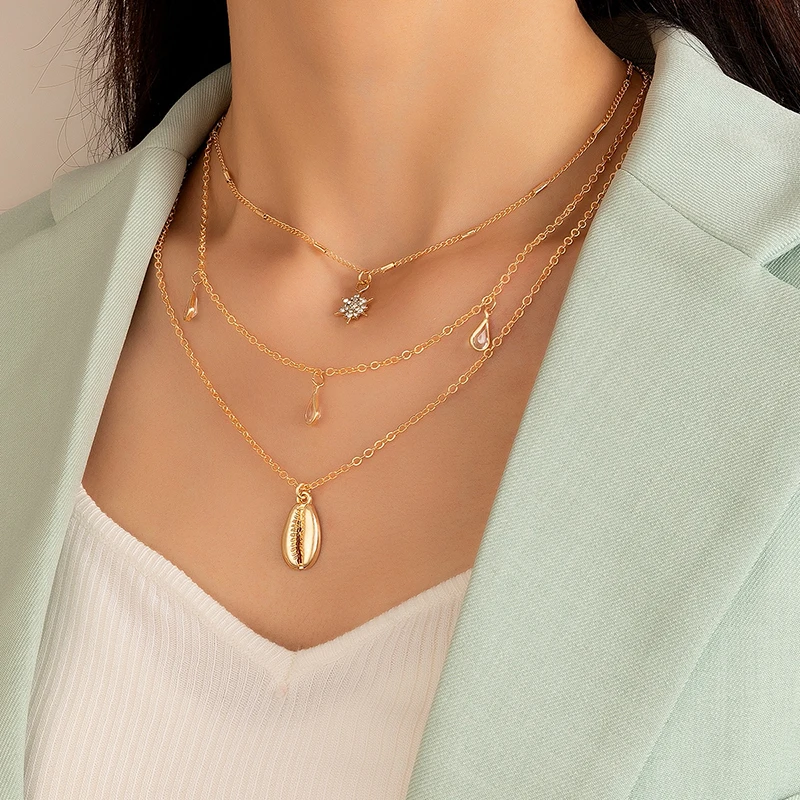 Многослойное ожерелье docona Boemian, подвеска из хрустального камня в форме капли воды, блестящие солнце, летние Чокеры в виде ракушек, Женские Ювелирные изделия, C15109