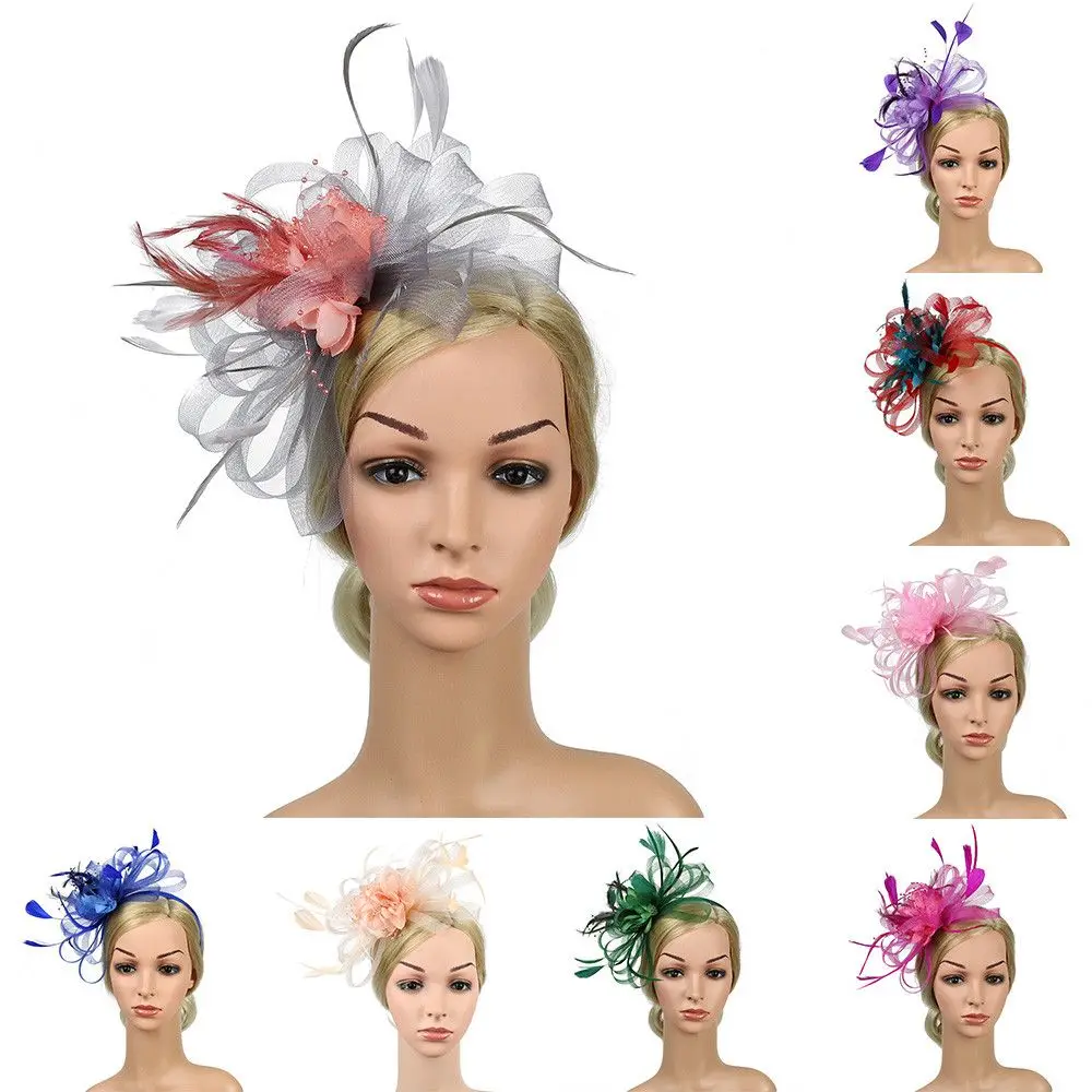 

Women Hair Accessories Wedding Bride Royal Races Headband Flower Hairclip Beaded Feather Headdress