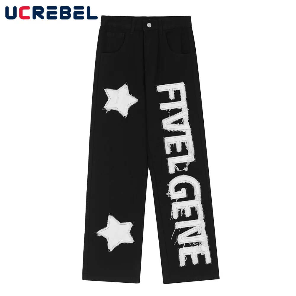

Letter Denim Pants Men Streetwear Patch Loose Straight-leg Pants High Street Five-pointed Star Jeans Men